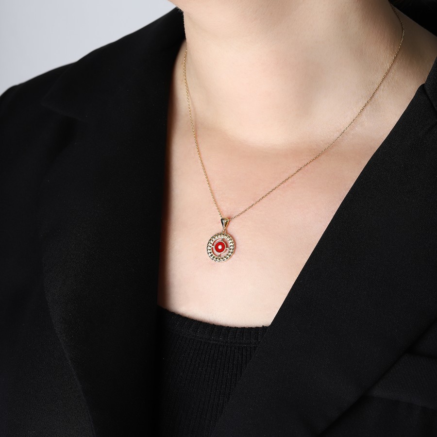 925 Ayar Gümüş Kararmaz Sarı Altın Kaplama Kırmızı Mineli Taşlı Kolye