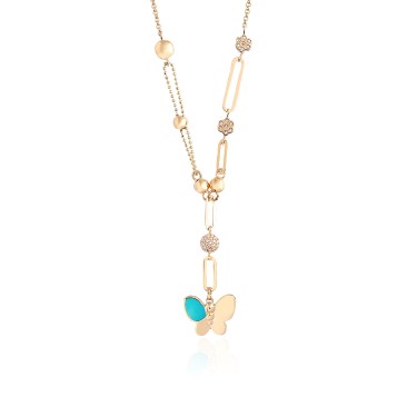 14 Ayar Sarı Altın Kelebek Figürlü Mineli Taşlı Kolye