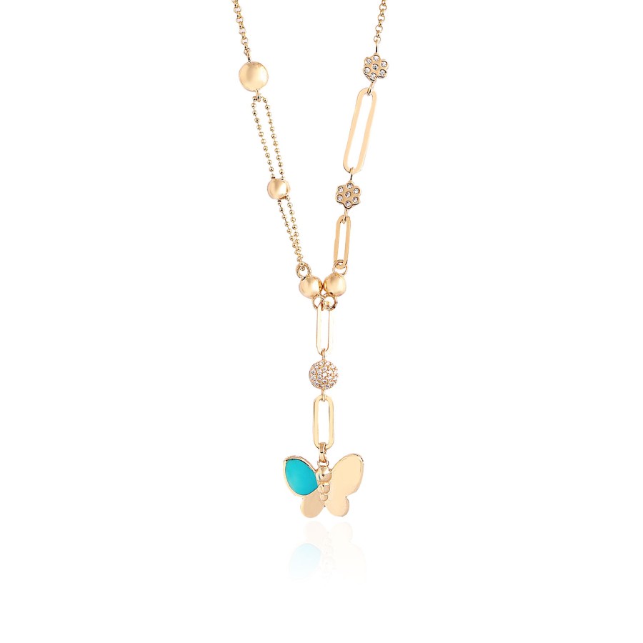 14 Ayar Sarı Altın Kelebek Figürlü Mineli Taşlı Kolye