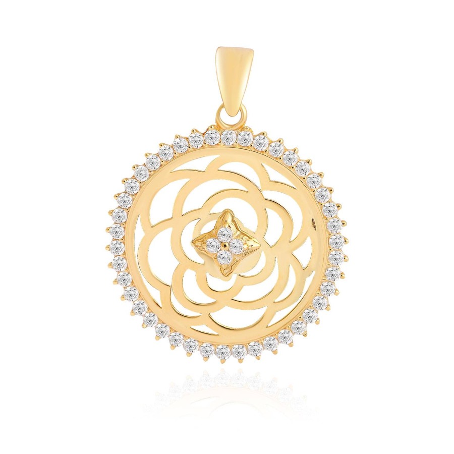 14 Ayar Sarı Altın Yuvarlak Kesim Çiçek Motifli Taşlı Kolye Ucu