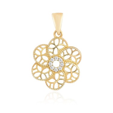 14 Ayar Sarı Altın Çiçek Desenli Taşlı Kolye Ucu