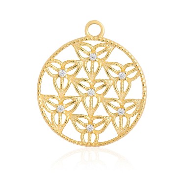 14 Ayar Sarı Altın Yuvarlak Kesim Taşlı Kolye Ucu