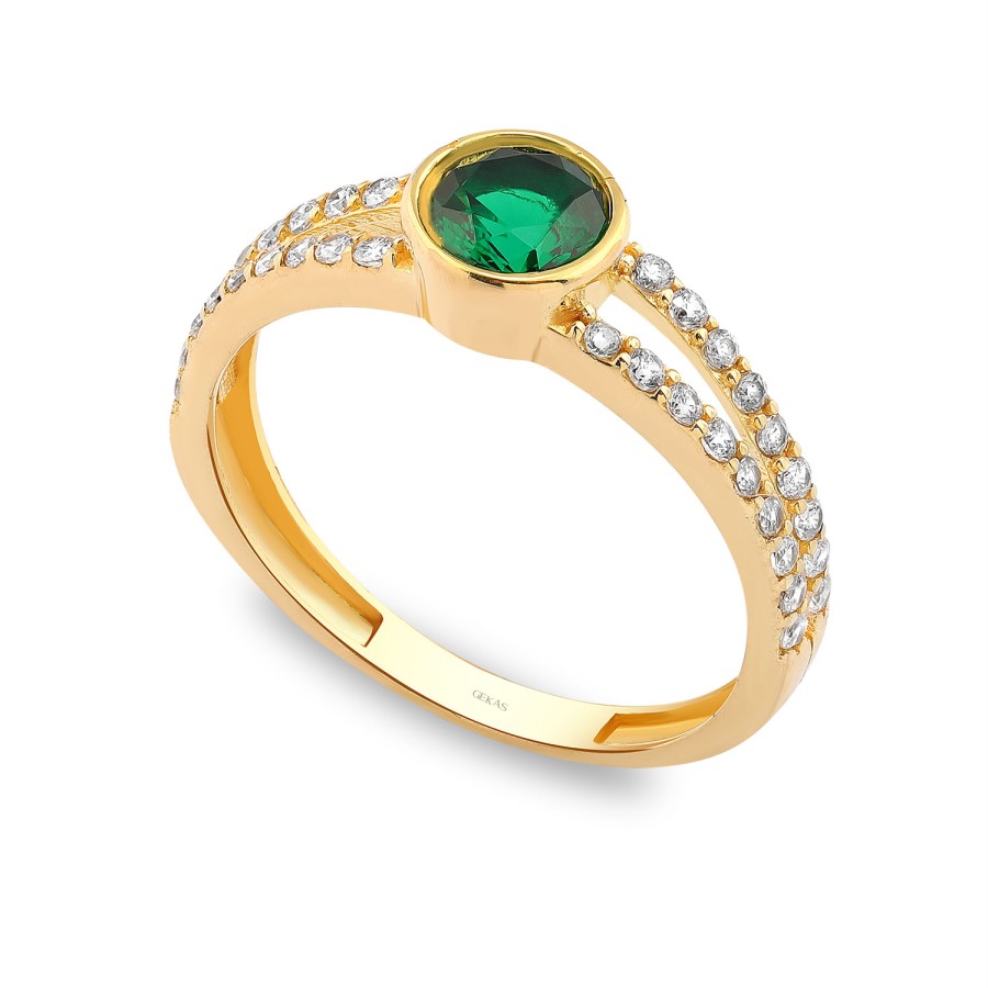 925 Ayar Gümüş Kararmaz Sarı Altın Kaplama Zümrüt Renkli Zirkon Taşlı Yüzük