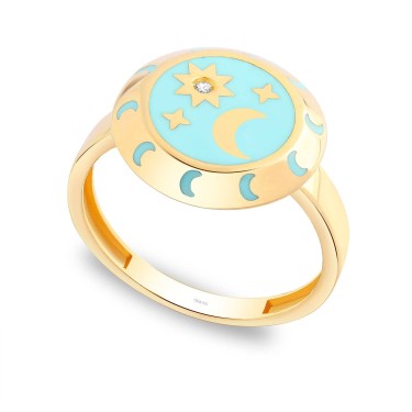 14 Ayar Sarı Altın Ay Figürlü Turkuaz Mineli Yüzük