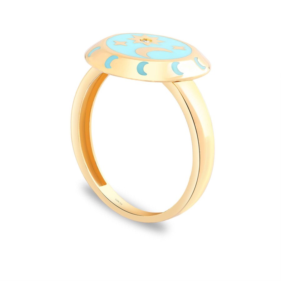14 Ayar Sarı Altın Ay Figürlü Turkuaz Mineli Yüzük