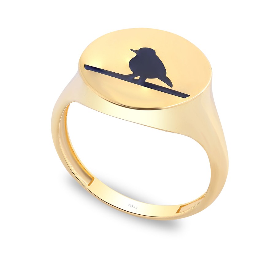 925 Ayar Gümüş Kararmaz Sarı Altın Kaplama Siyah Mineli Kuş Figürlü Yüzük