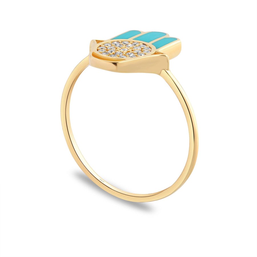 14 Ayar Sarı Altın Fatma Ana Eli Figürlü Turkuaz Mineli Taşlı Yüzük