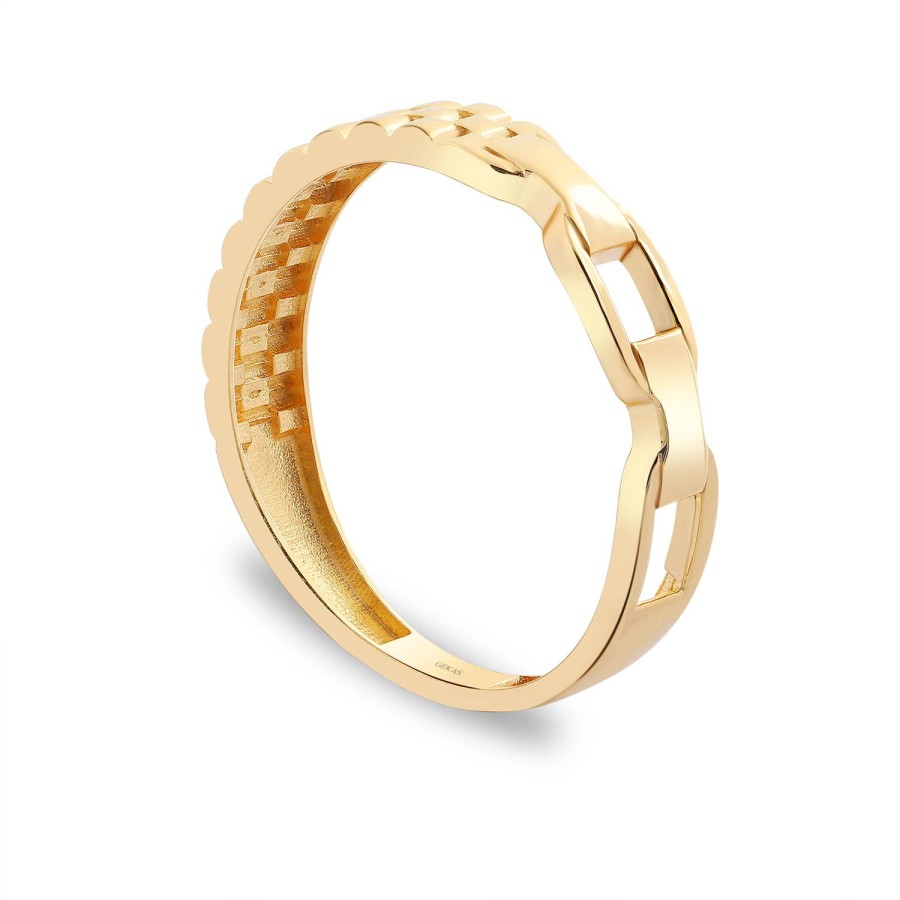 14 Ayar Sarı Altın Zincir Detaylı Taşsız Yüzük