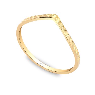 925 Ayar Gümüş Kararmaz Sarı Altın Kaplama V Sade Kalemli Yüzük