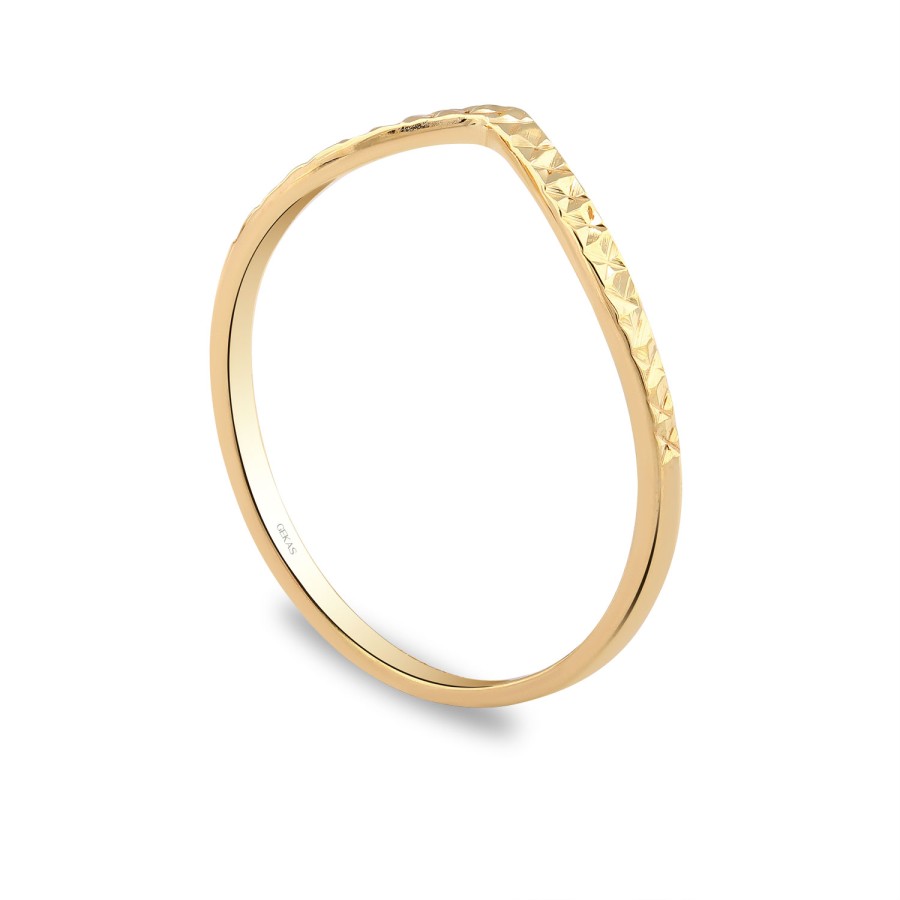 925 Ayar Gümüş Kararmaz Sarı Altın Kaplama V Sade Kalemli Yüzük