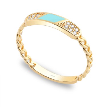 14 Ayar Sarı Altın Turkuaz Mineli Taşlı Yüzük