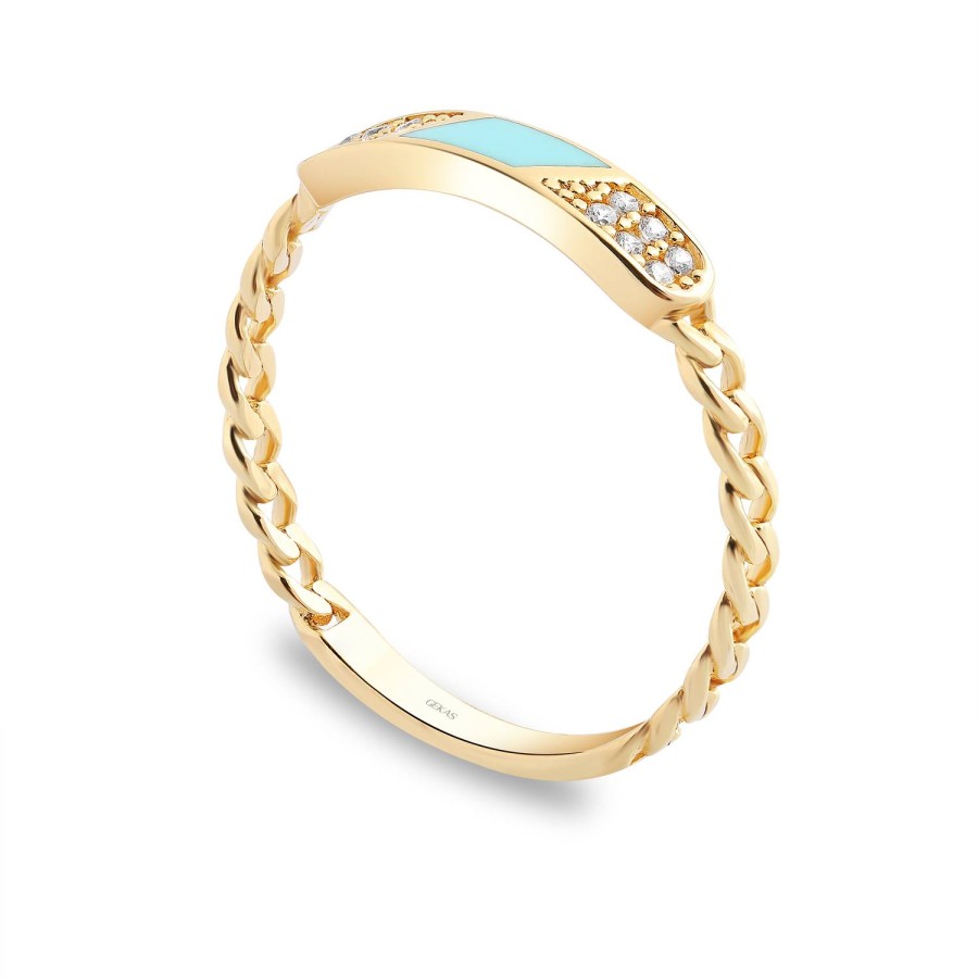 14 Ayar Sarı Altın Turkuaz Mineli Taşlı Yüzük