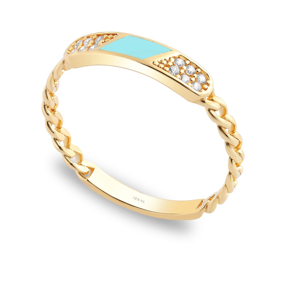 925 Ayar Gümüş Kararmaz Sarı Altın Kaplama Turkuaz Mineli Taşlı Yüzük