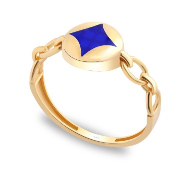 14 Ayar Sarı Altın Lacivert Mineli Tasarım Yüzük