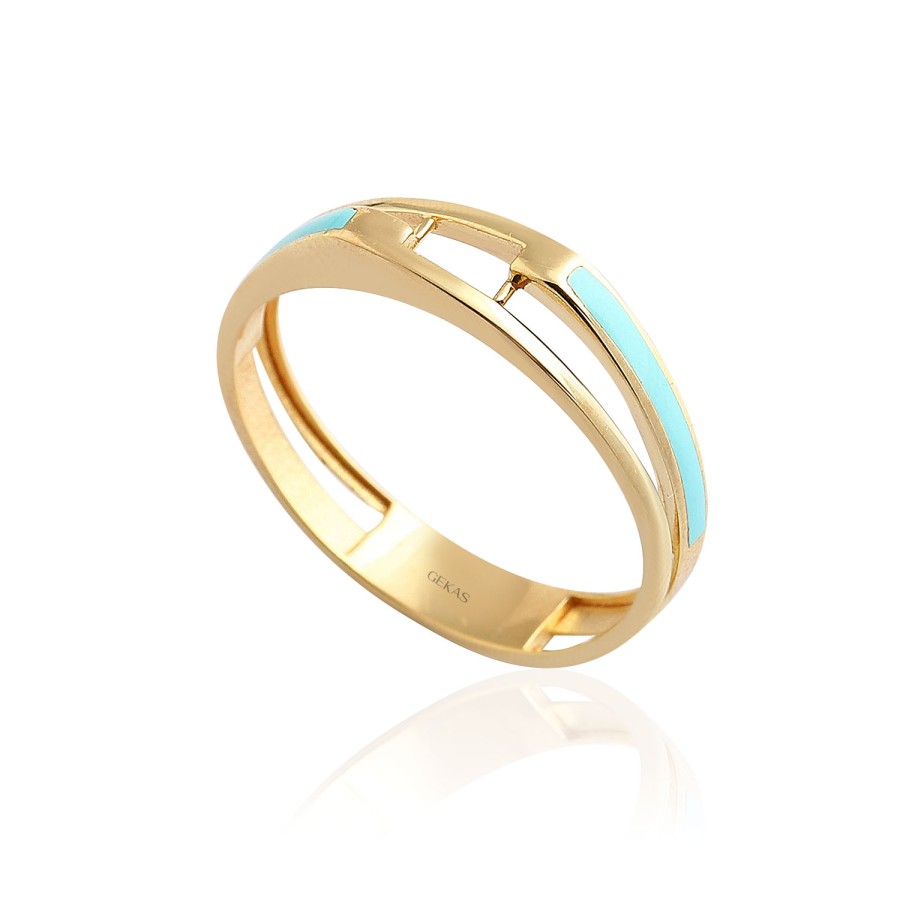 14 Ayar Sarı Altın Turkuaz Mineli Tasarım Yüzük