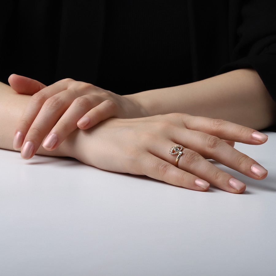 925 Ayar Kararmaz Sarı Altın Kaplama Gümüş Göz Figürlü Taşlı Yüzük