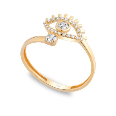 925 Ayar Kararmaz Sarı Altın Kaplama Gümüş Göz Figürlü Taşlı Yüzük