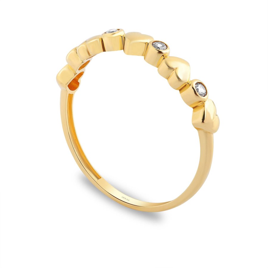 14 Ayar Sarı Altın Kalpli Taşlı Yüzük