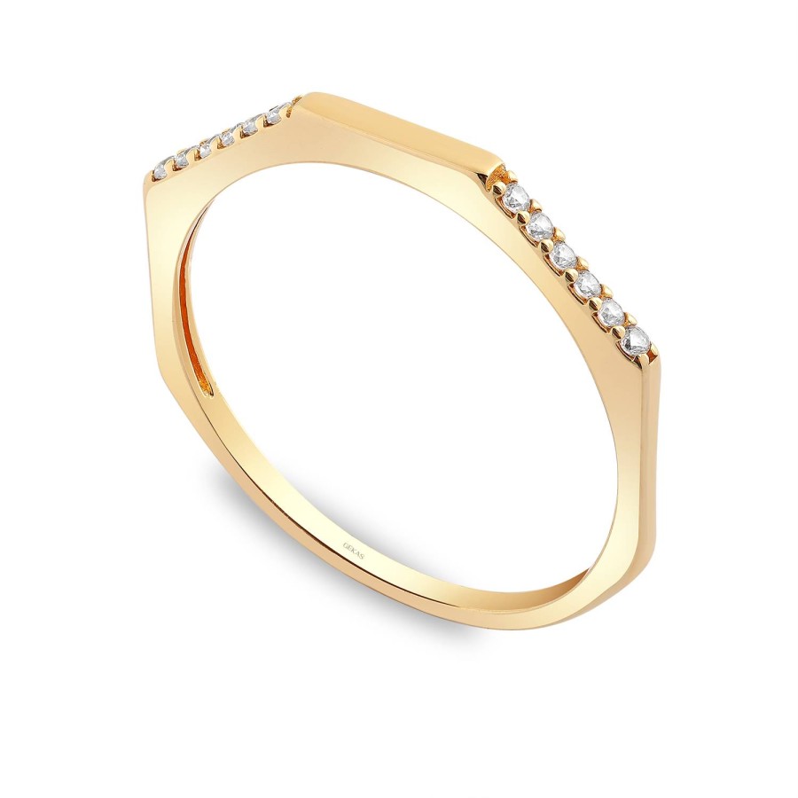 925 Ayar Gümüş Kararmaz Sarı Altın Kaplama Köşeli Taşlı Yüzük