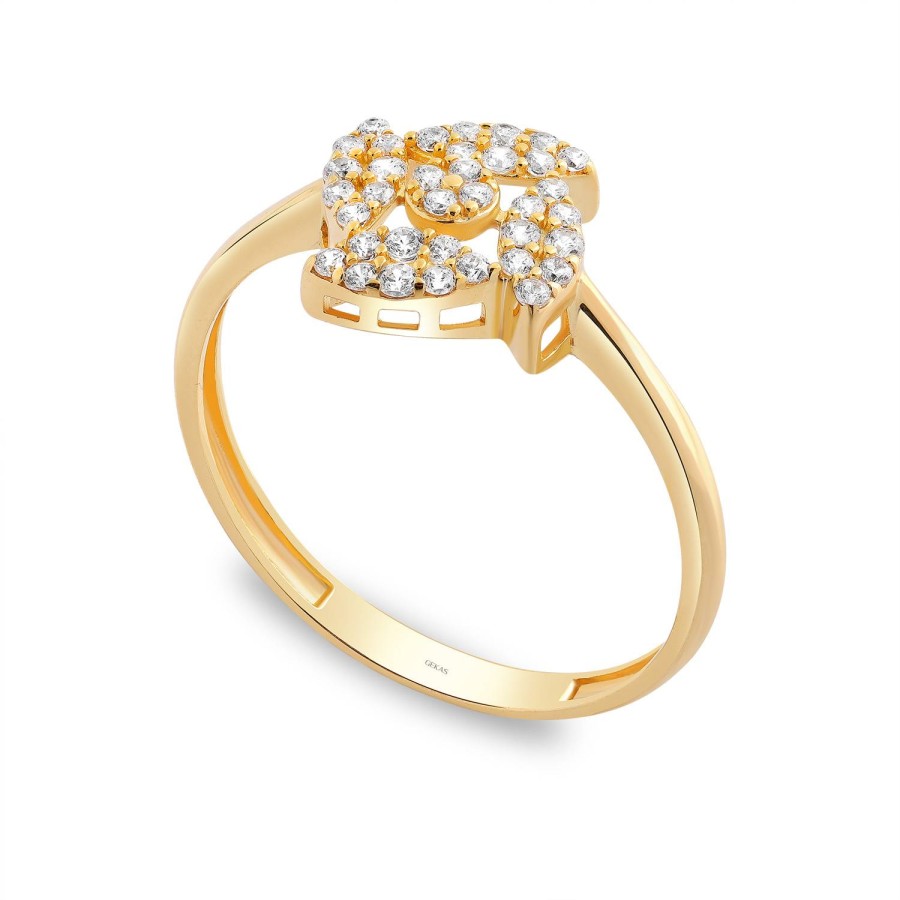 14 Ayar Sarı Altın Çiçek Figürlü Taşlı Yüzük