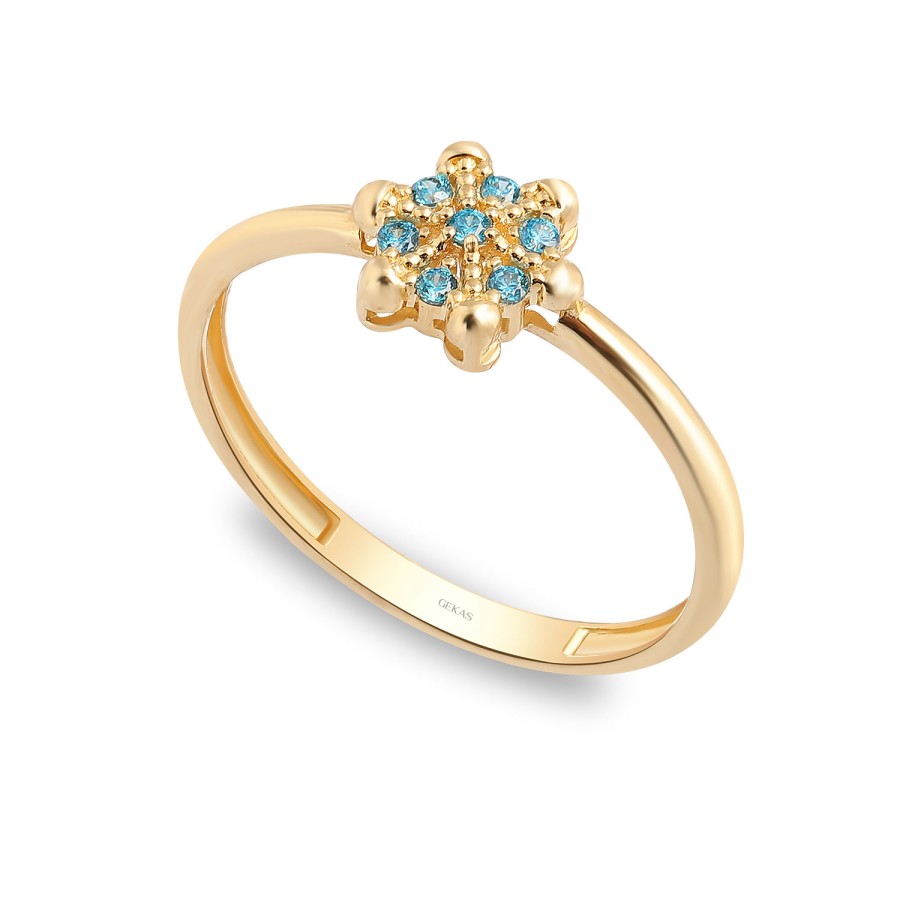 14 Ayar Sarı Altın Mavi Taşlı Çiçek Figürlü Yüzük