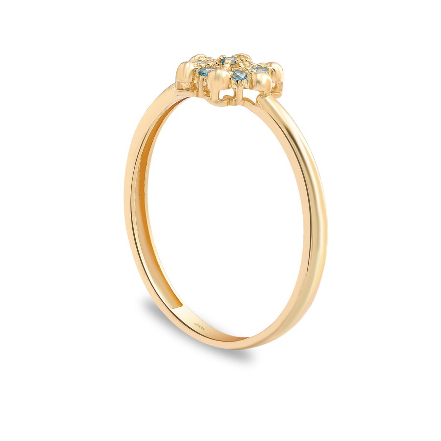 14 Ayar Sarı Altın Mavi Taşlı Çiçek Figürlü Yüzük