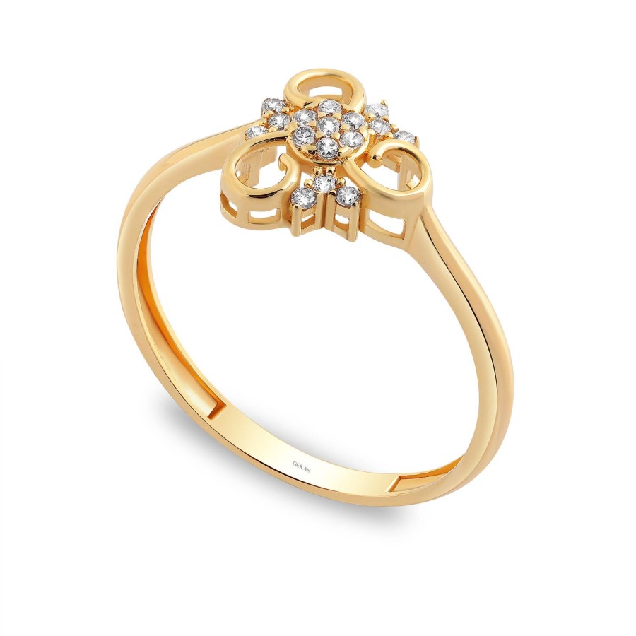 14 Ayar Sarı Altın Taşlı Çiçek Motifli Yüzük