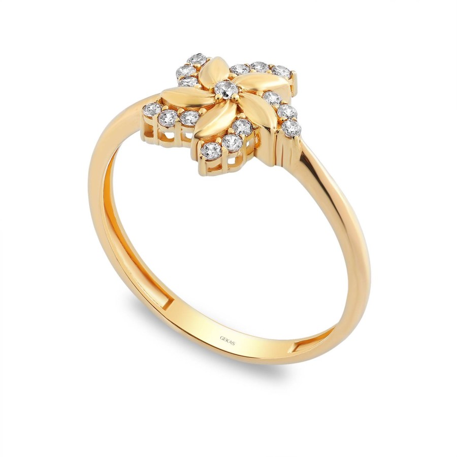 925 Ayar Gümüş Kararmaz Sarı Altın Çiçek Desenli Taşlı Yüzük