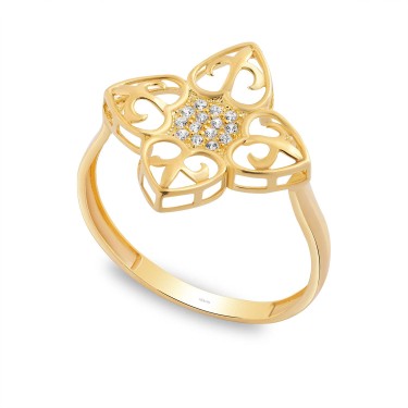 14 Ayar Sarı Altın Çiçek Figürlü Taşlı Yüzük