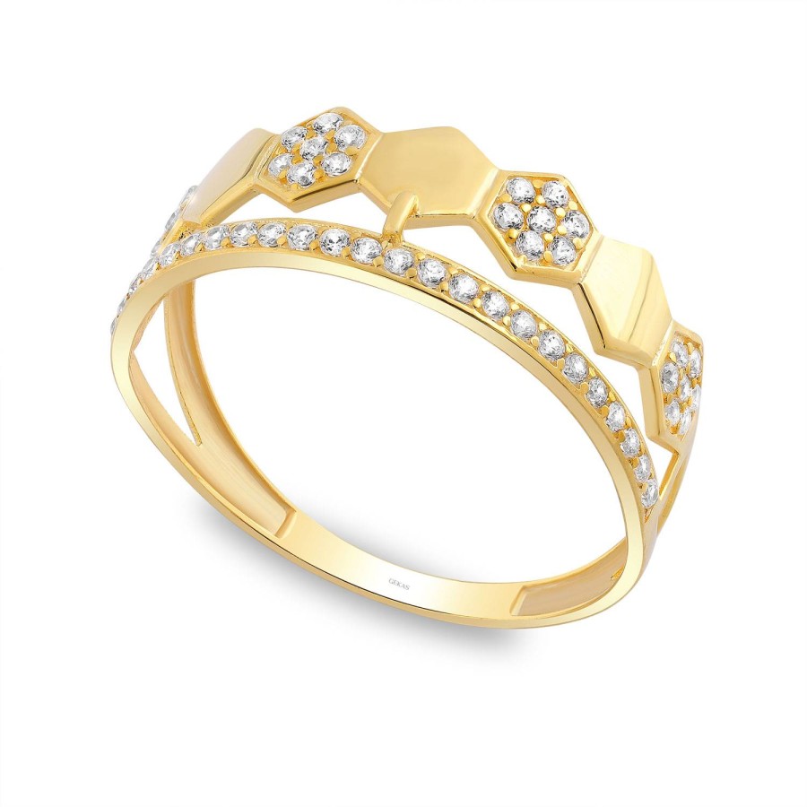 14 Ayar Sarı Altın Altıgen Detaylı Taşlı Yüzük