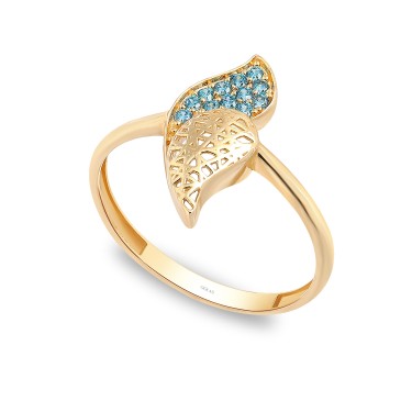 14 Ayar Sarı Altın Mavi Taşlı Tasarım Yüzük