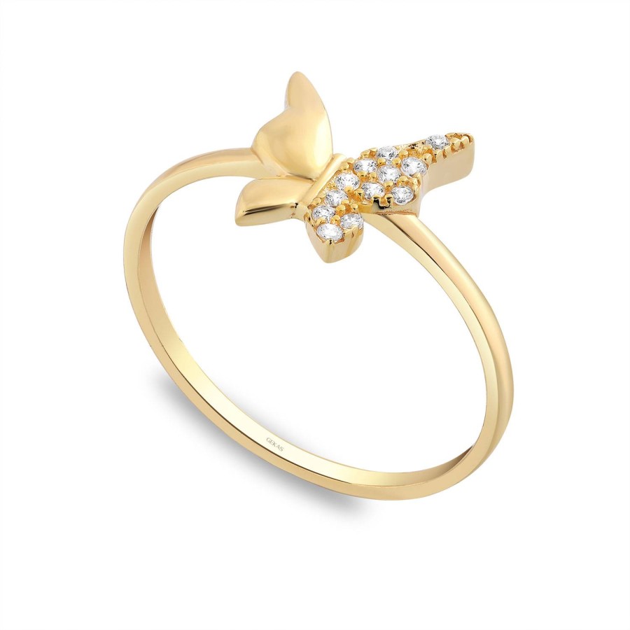 925 Ayar Gümüş Kararmaz Sarı Altın Kaplama Kelebek Figürlü Taşlı Yüzük