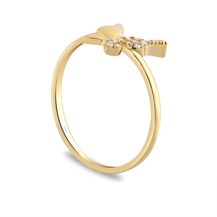 925 Ayar Gümüş Kararmaz Sarı Altın Kaplama Kelebek Figürlü Taşlı Yüzük