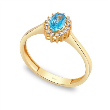 14 Ayar Sarı Altın Mavi Taşlı Anturaj Yüzük