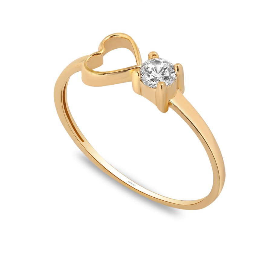 925 Ayar Gümüş Kararmaz Sarı Altın Kaplama Kalpli Taşlı Yüzük