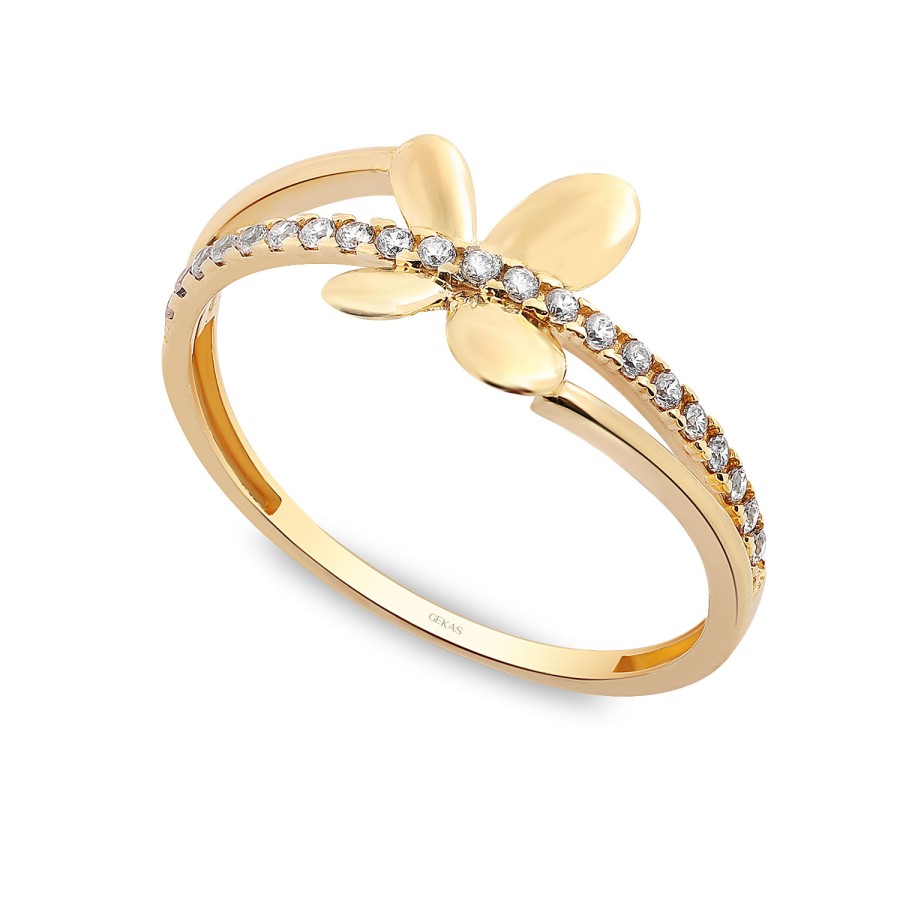 925 Ayar Gümüş Sarı Altın Kaplama Kararmaz Kelebek Figürlü Taşlı Yüzük