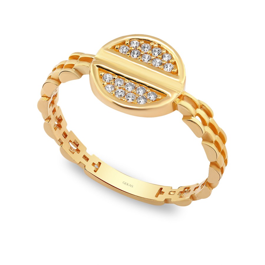 925 Ayar Gümüş Kararmaz Sarı Altın Kaplama Yuvarlak Kesim Taşlı Yüzük