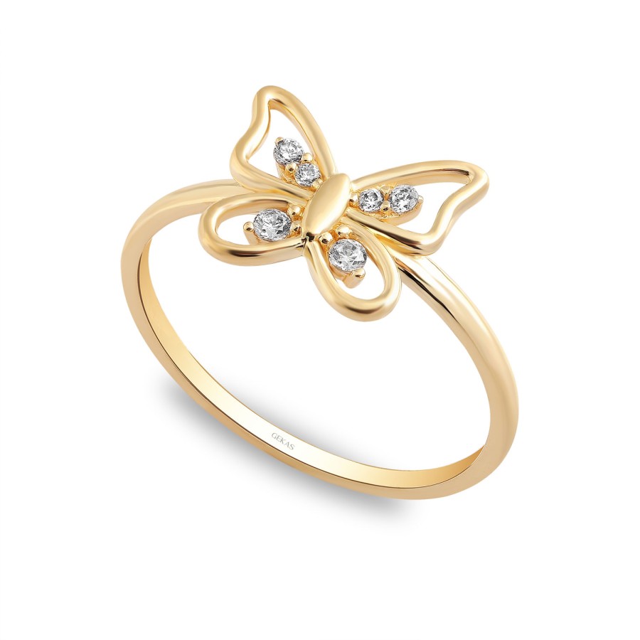 925 Ayar Gümüş Kararmaz Sarı Altın Kaplama Taşlı Kelebek Yüzük