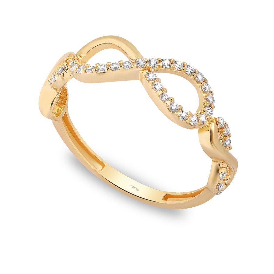 925 Ayar Gümüş Kararmaz Sarı Altın Kaplama Çift Sonsuzluk Figürlü Taşlı Yüzük