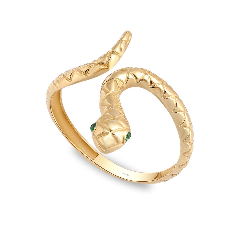 925 Ayar Gümüş Sarı Altın Kaplama Kararmaz Yılan Figürlü Yeşil Taşlı Yüzük