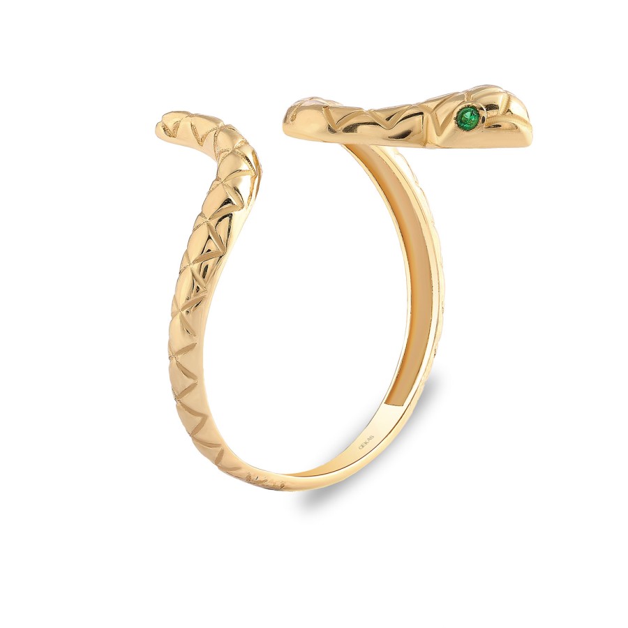 925 Ayar Gümüş Sarı Altın Kaplama Kararmaz Yılan Figürlü Yeşil Taşlı Yüzük