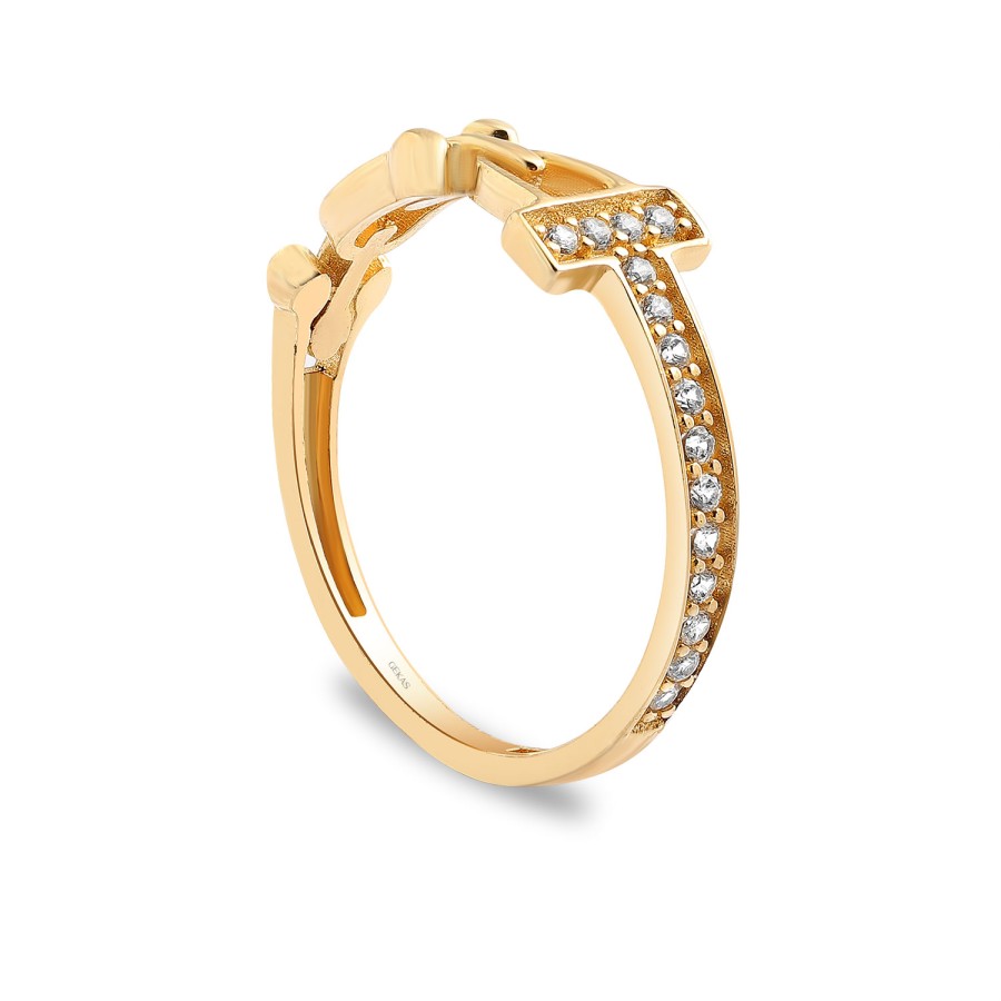 14 Ayar Sarı Altın Halka Detaylı Taşlı Yüzük