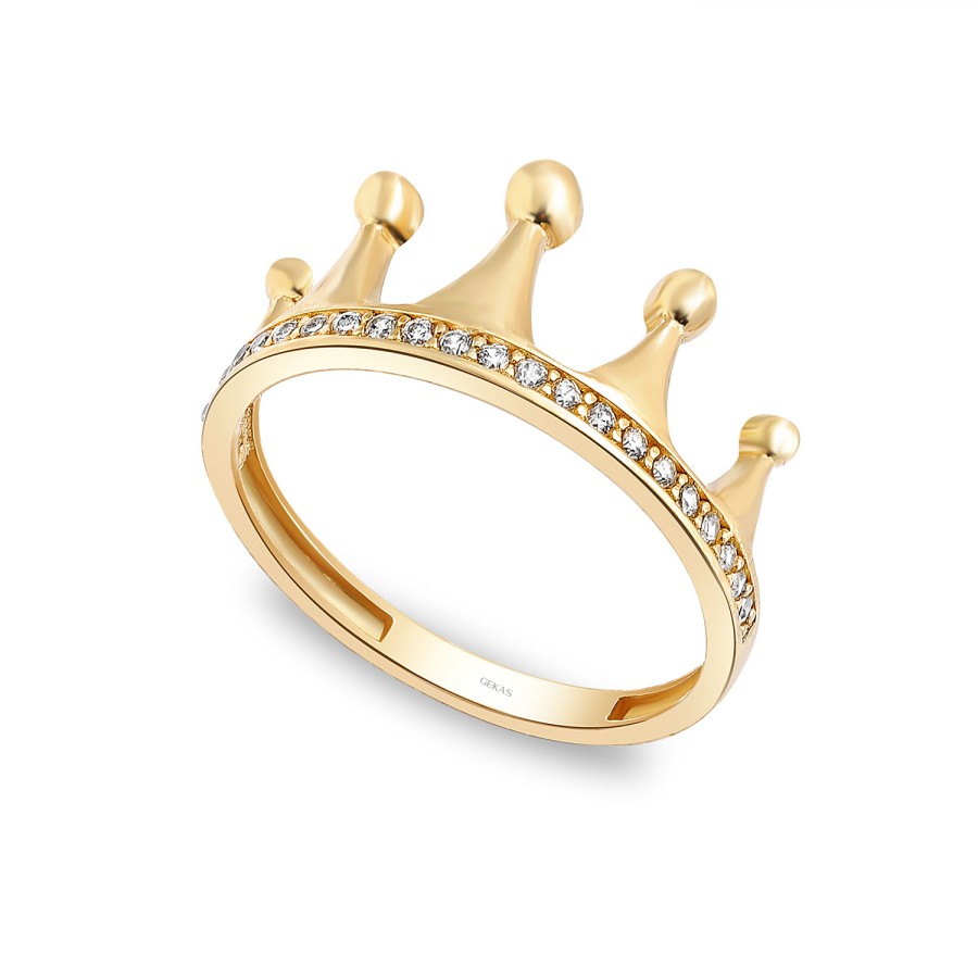 925 Ayar Gümüş Sarı Altın Kaplama Kararmaz Kral Tacı Modern Taşlı Yüzük