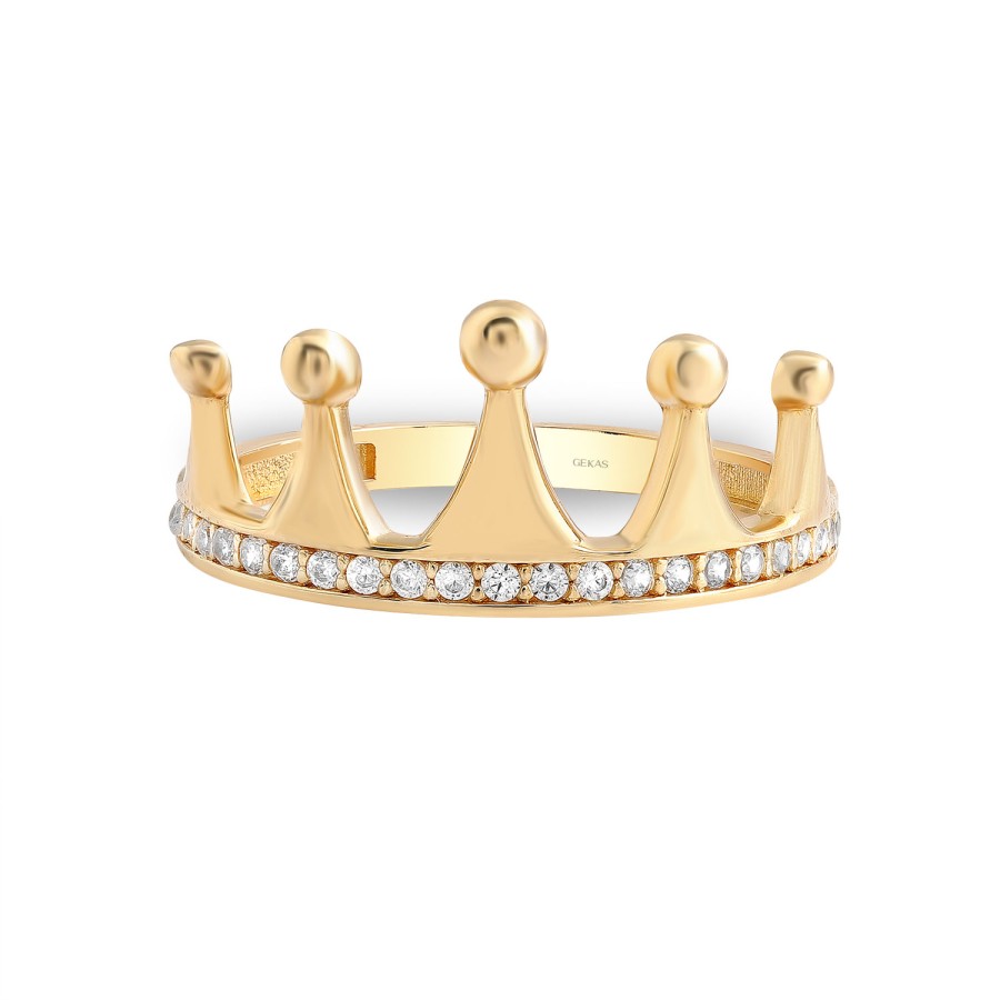 925 Ayar Gümüş Sarı Altın Kaplama Kararmaz Kral Tacı Modern Taşlı Yüzük