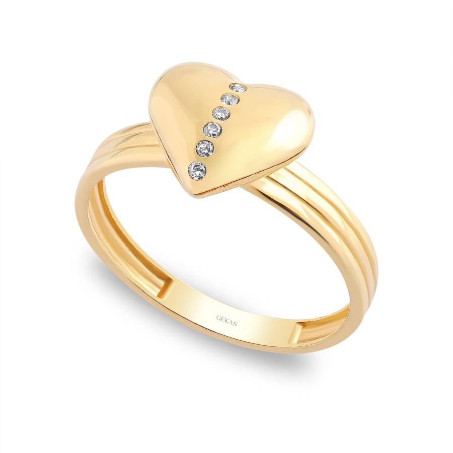 925 Ayar Gümüş Kararmaz Sarı Altın Kaplama Kalp Desenli Taşlı Yüzük