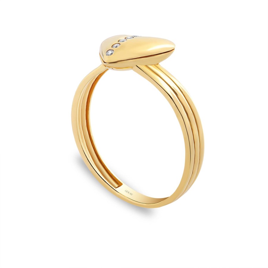 925 Ayar Gümüş Kararmaz Sarı Altın Kaplama Kalp Desenli Taşlı Yüzük