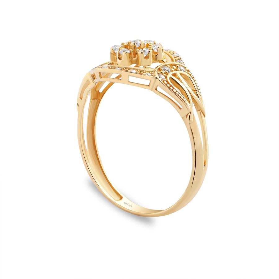 14 Ayar Altın Çiçek Detaylı Taşlı Yüzük