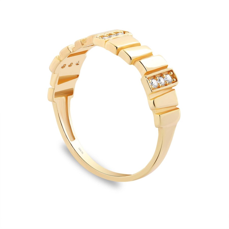 925 Ayar Gümüş Kararmaz Sarı Altın Kaplama Dikdörtgen İçi Taşlı Yüzük