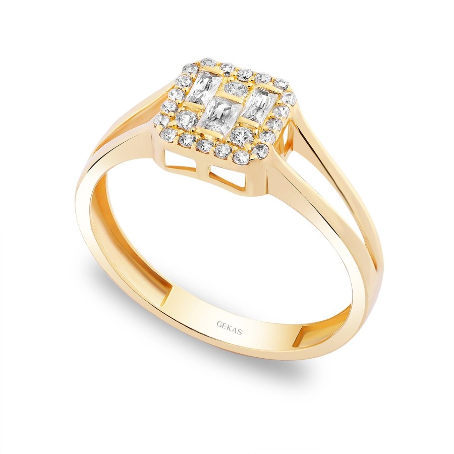 925 Ayar Gümüş Kararmaz Sarı Altın Kaplama Baget Taşlı Kare Yüzük