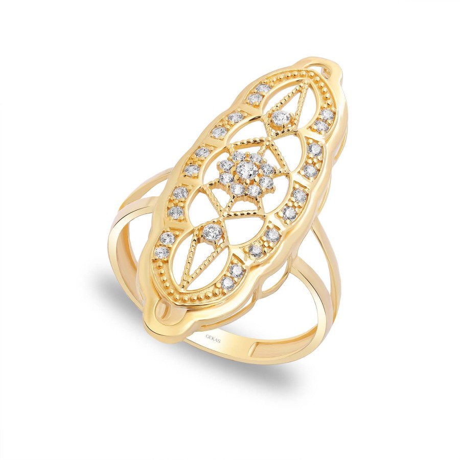 14 Ayar Sarı Altın Hint Motifli Taşlı Yüzük